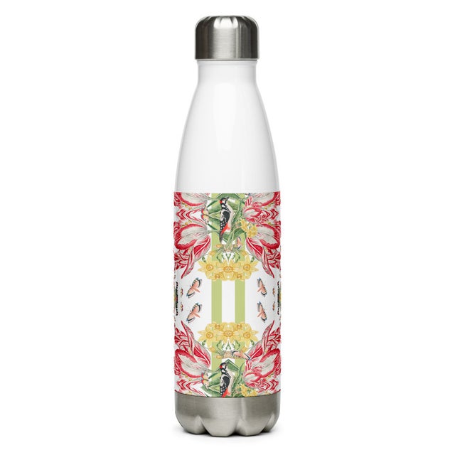 Tulips and Birds, Pink and Green -Stainless Steel Water Bottle